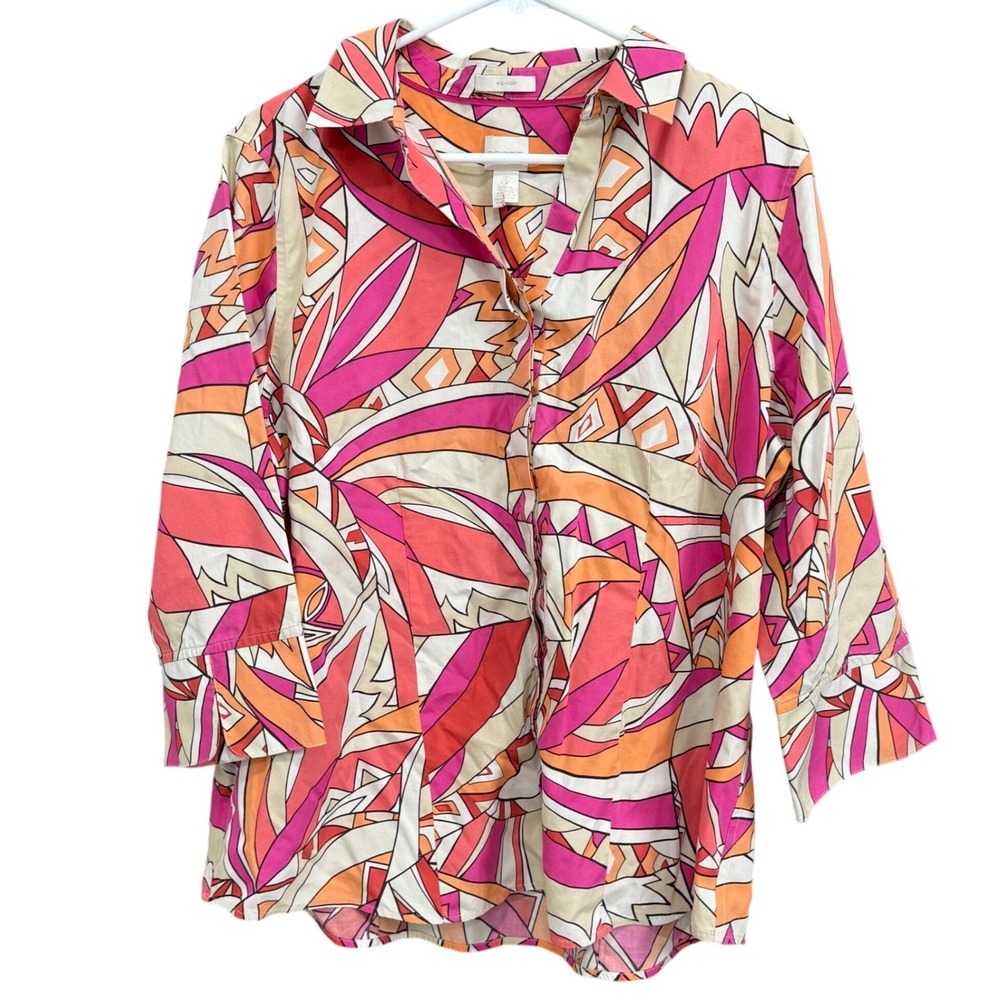Chico's 3 Button Down Shirt 3/4 Sleeve Abstract Pattern Pink Orange Tan‎